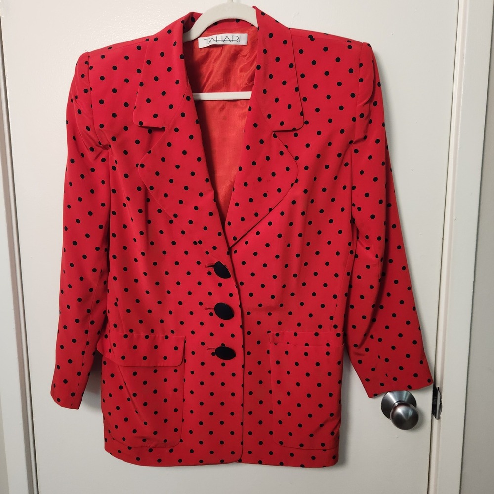 Tahari Vintage Red Polka Dot 100% Silk Blazer‎ Size 6 Single Breast Lined Career